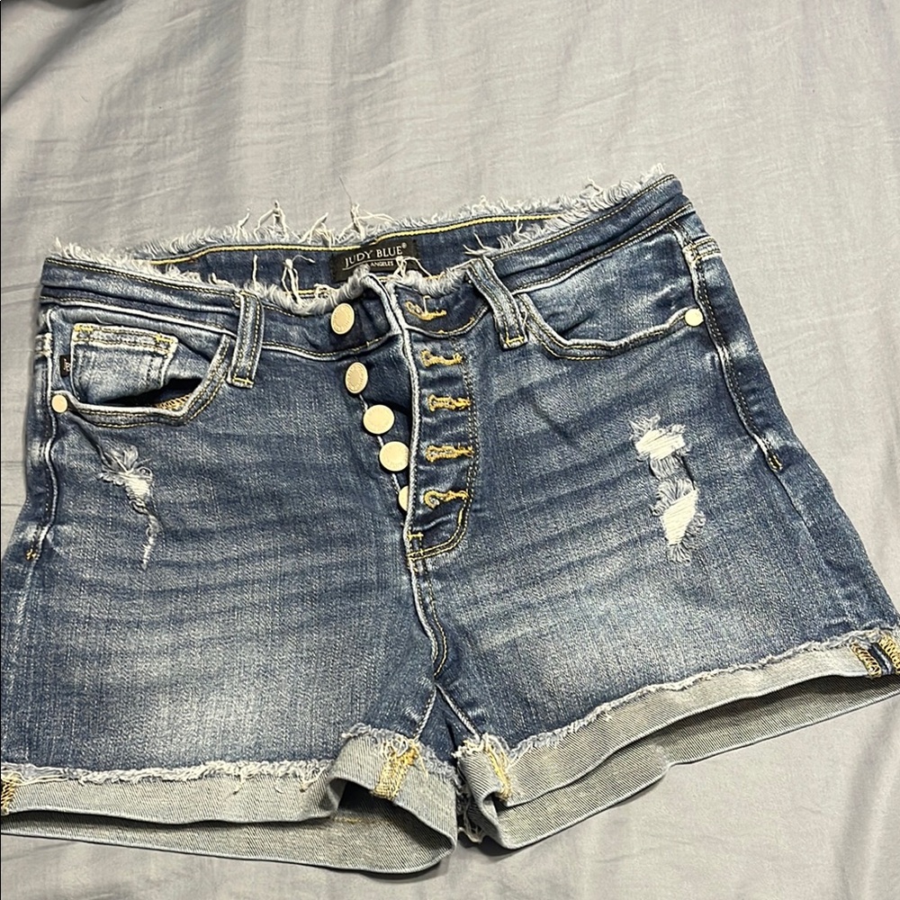 Judy Blue Blue Distressed Jean Shorts with Cuffed Hem